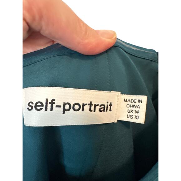 Self-Portrait Deep Teal Iris Long Sleeve Draped Midi Dress Size 10 - Picture 4 of 11
